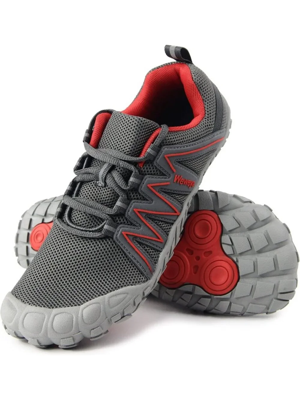 Weweya Men's Grey Red Rubber Minimalist Barefoot Wide Toe Lace Up Athletic Shoes